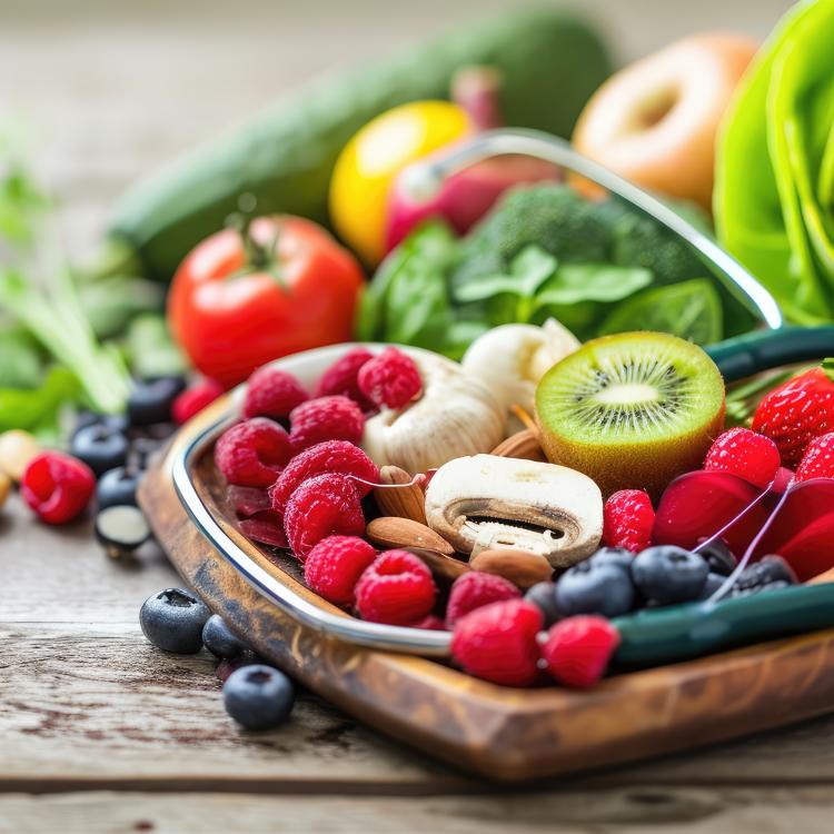  a heart shapes bowl that contains various fruits and vegetables 